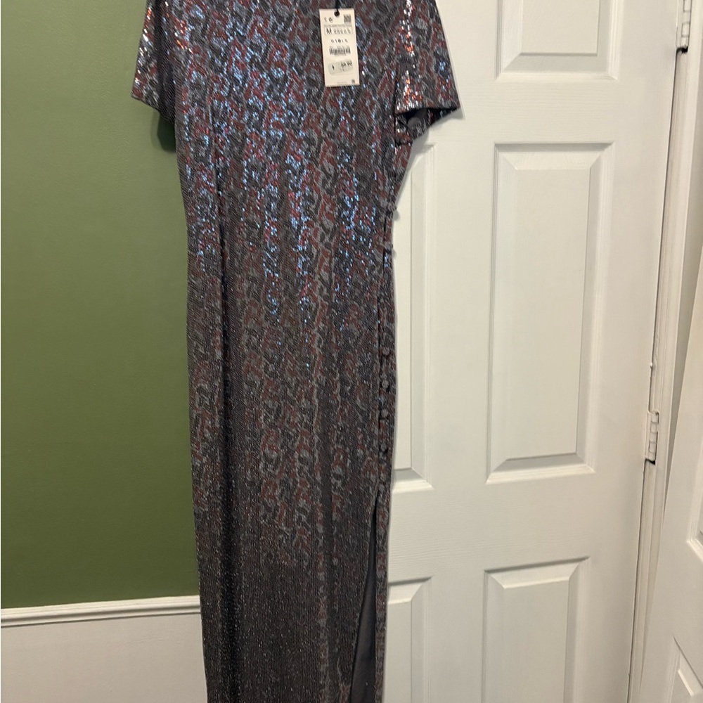 Zara Shimmering Silver Midi Dress